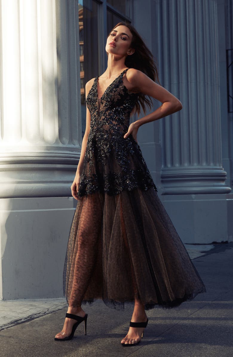 Dress the Population Rachelle Fit & Flare Lace Gown, Alternate, color,