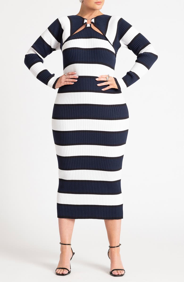 ELOQUII Stripe Long Sleeve Ribbed Sweater Dress, Main, color, 