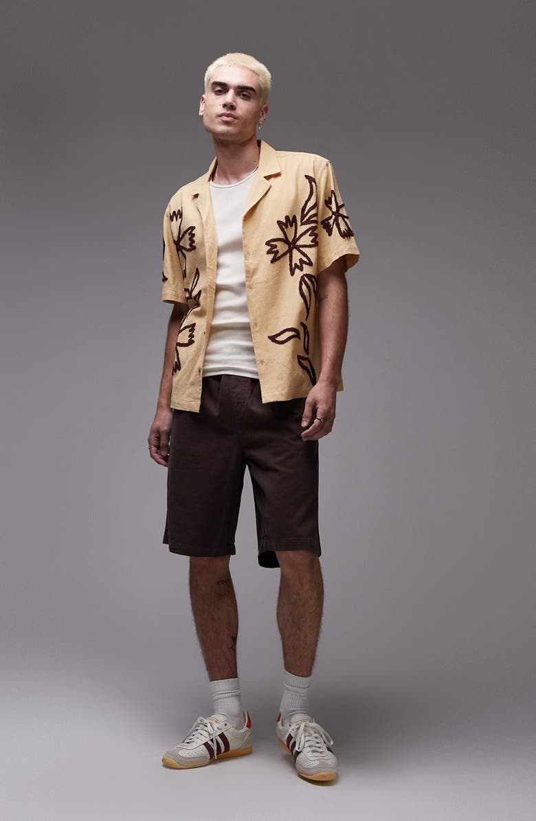 Topman Embroidered Short Sleeve Cotton & Linen Button-Up Shirt, Alternate, color, Buttermilk Yellow