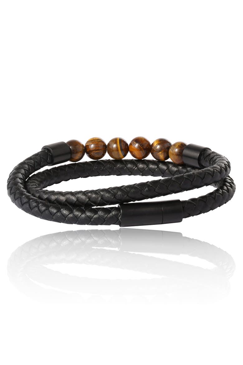 Tiger's Eye Beaded and Leather Wrap Bracelet, Alternate, color, black, brown