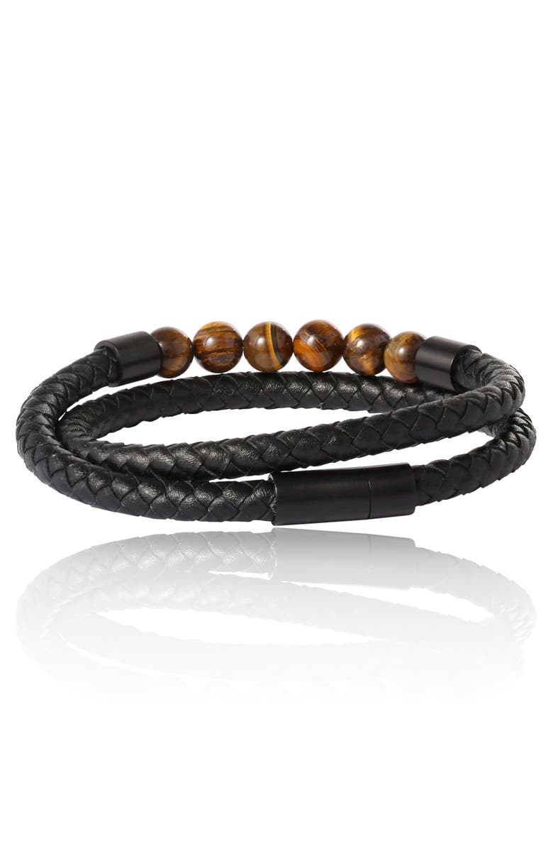 Lucky Brand Tiger's Eye Beaded and Leather Wrap Bracelet, Alternate, color, Black, Brown