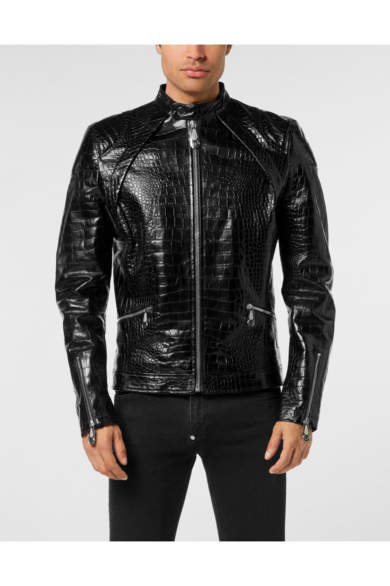 Leather Moto Jacket Cocco Print Men, Main, color, black