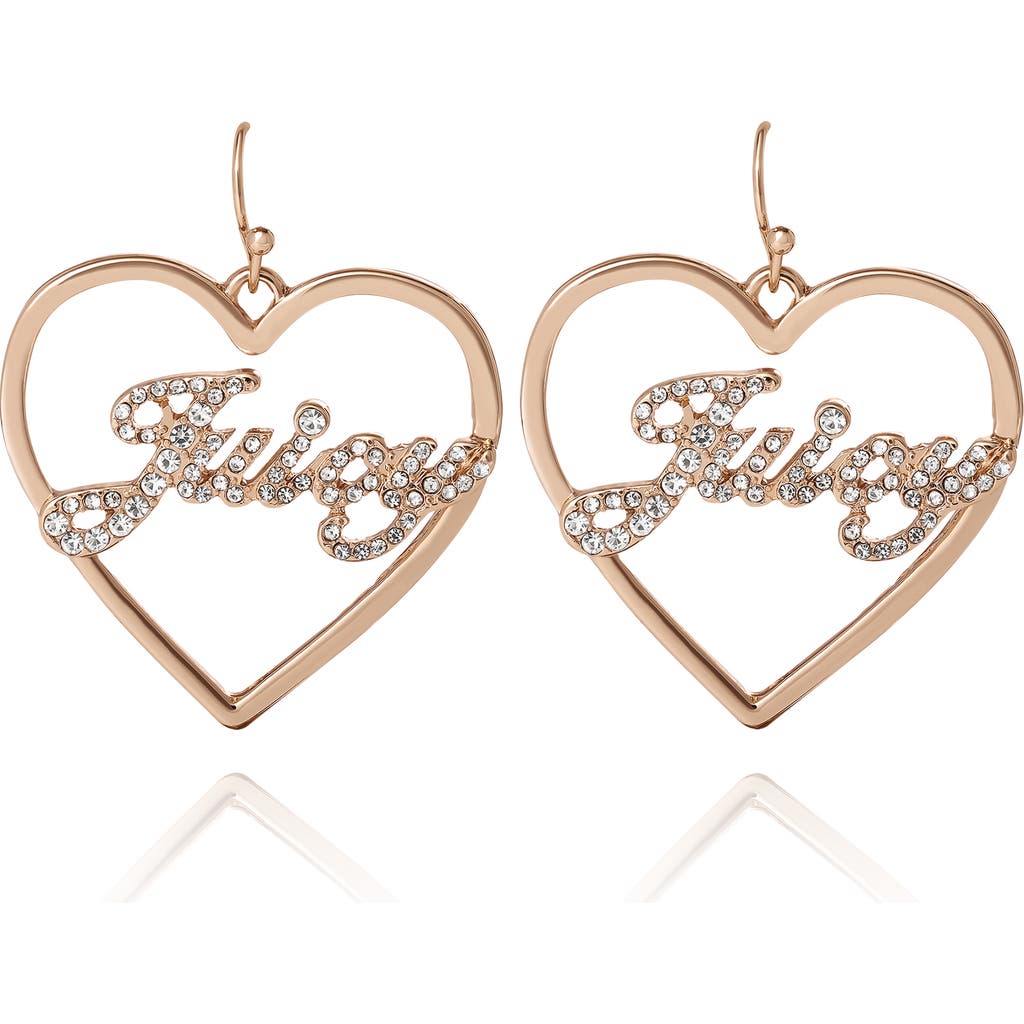 Juicy Couture Crystal Heart Drop Script Logo Earrings In Gold