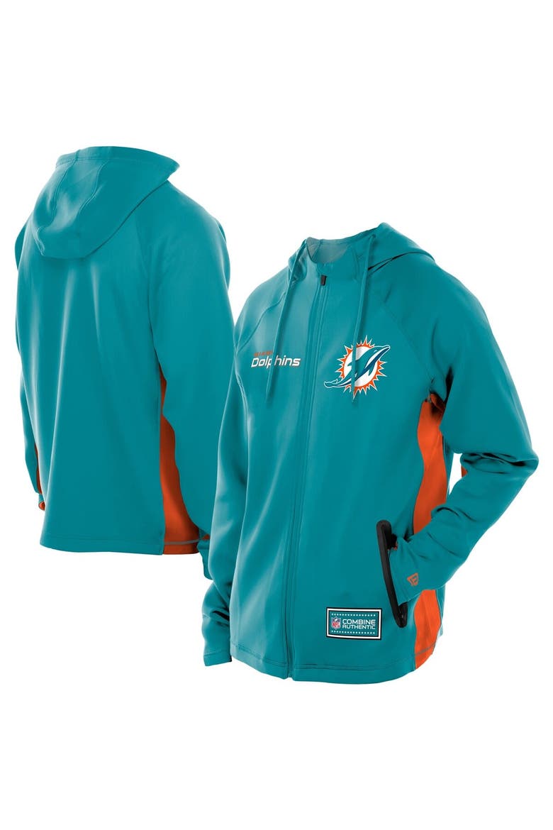 Men's New Era  Aqua Miami Dolphins Combine Authentic Raglan Scuba Full-Zip Hoodie, Main, color, Aqua