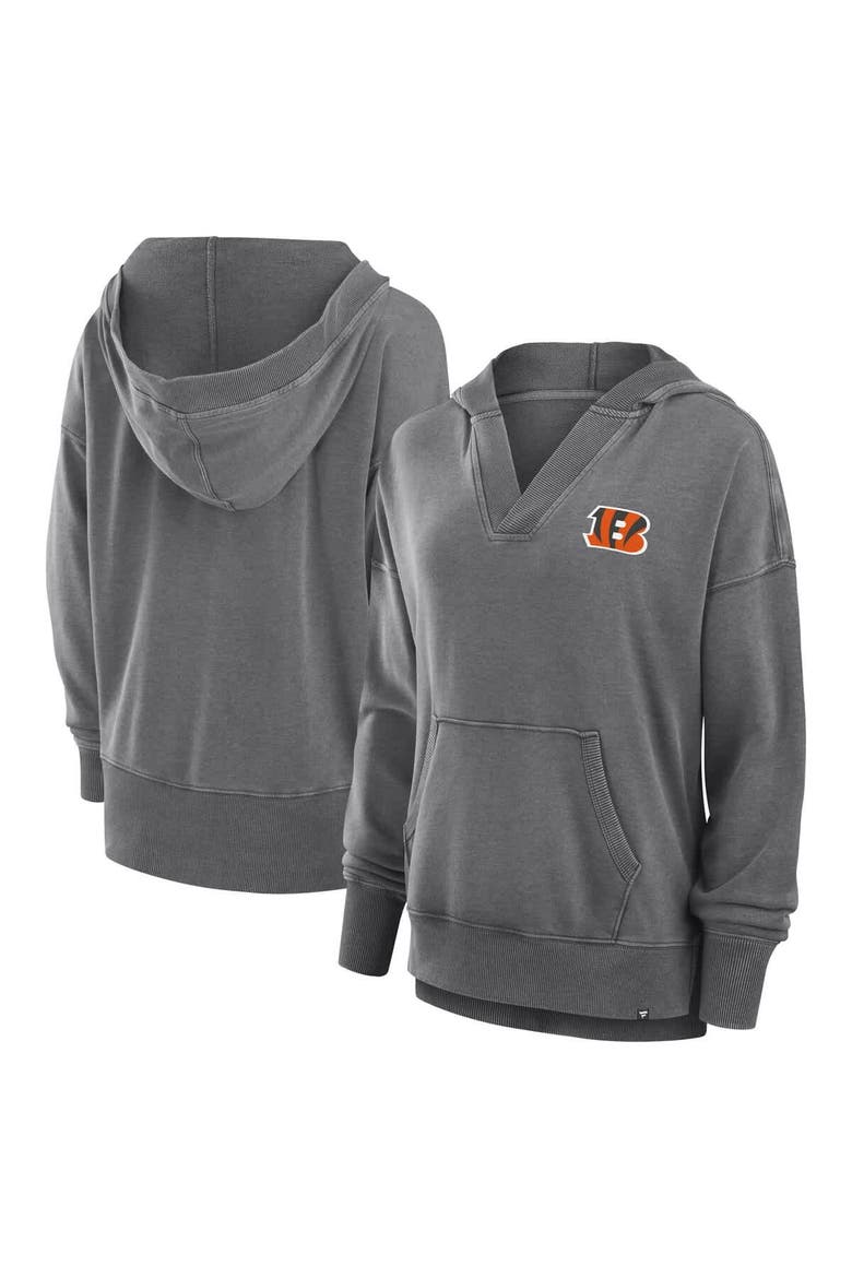 Women's Fanatics  Heather Charcoal Cincinnati Bengals Initiative Snow Wash French Terry V-Neck Pullover Hoodie, Main, color, Heather Charcoal