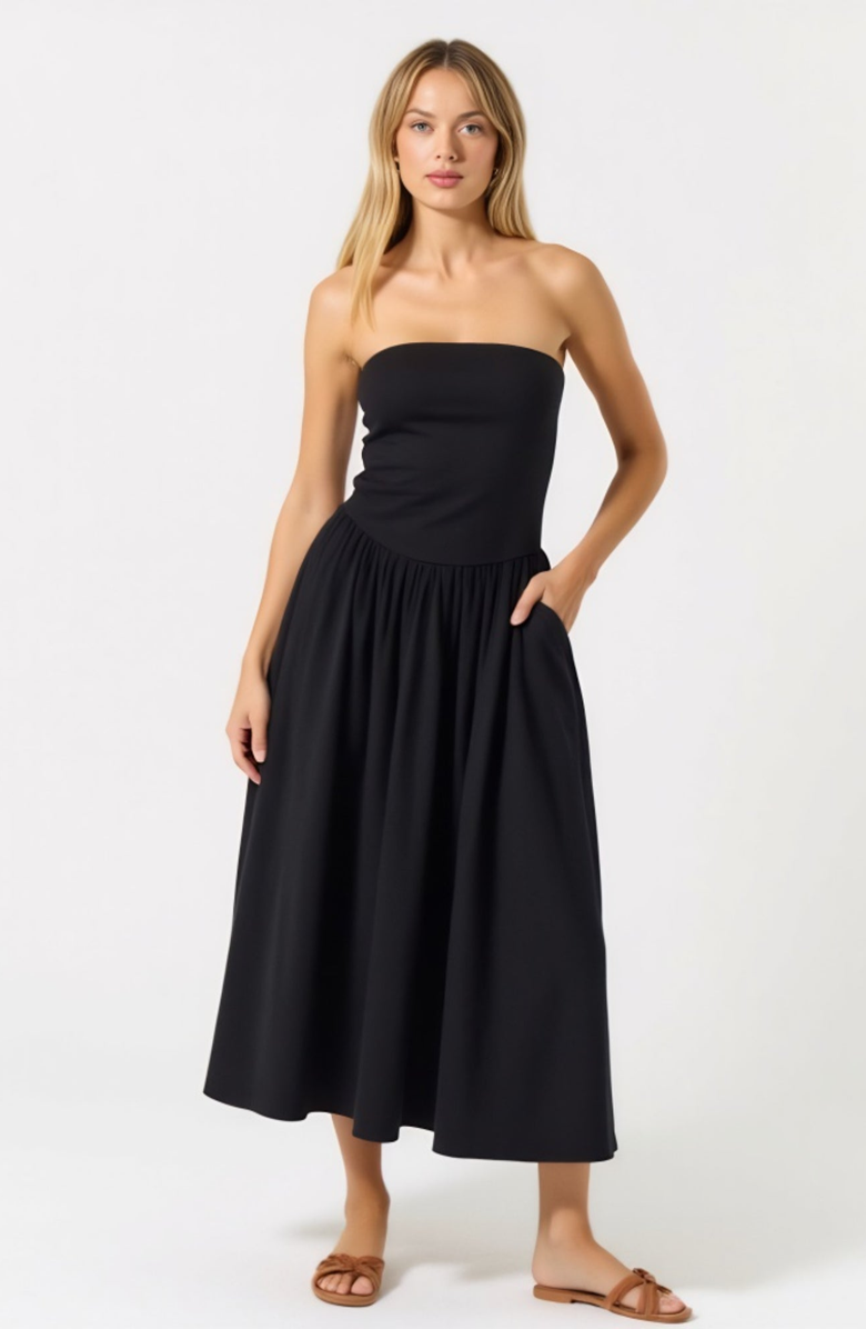 Modenaire Strapless Smocked Bodice Midi Dress with Flowy Skirt and Pockets, Alternate, color, Black