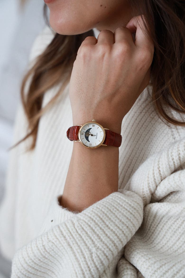 Sun-Moon Round Vintage Leather Watch- 26MM, Alternate, color, Brown