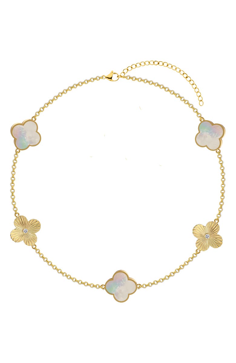 GABI RIELLE Mother of Pearl Clover Station Chain Bracelet, Main, color, Gold