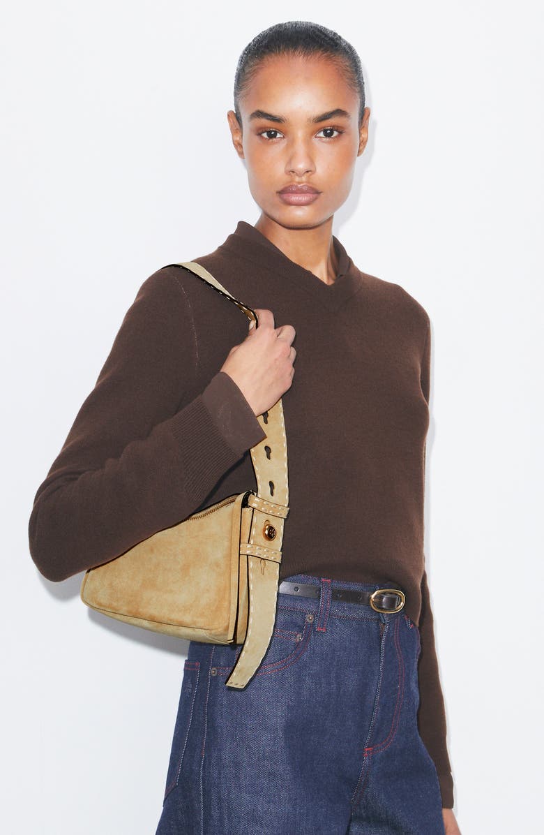 Tory Burch Romy Small Suede Shoulder Bag, Alternate, color, Butter