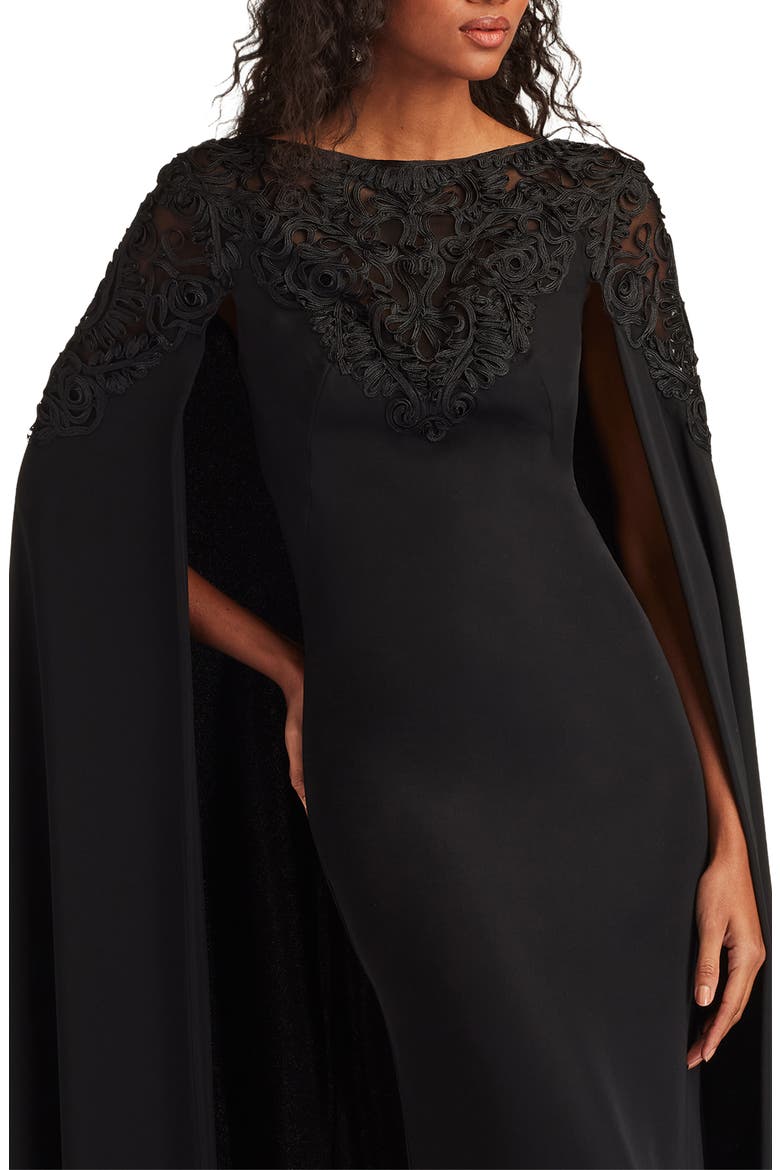 Lace & Crepe Cape Gown, Alternate, color, BLACK