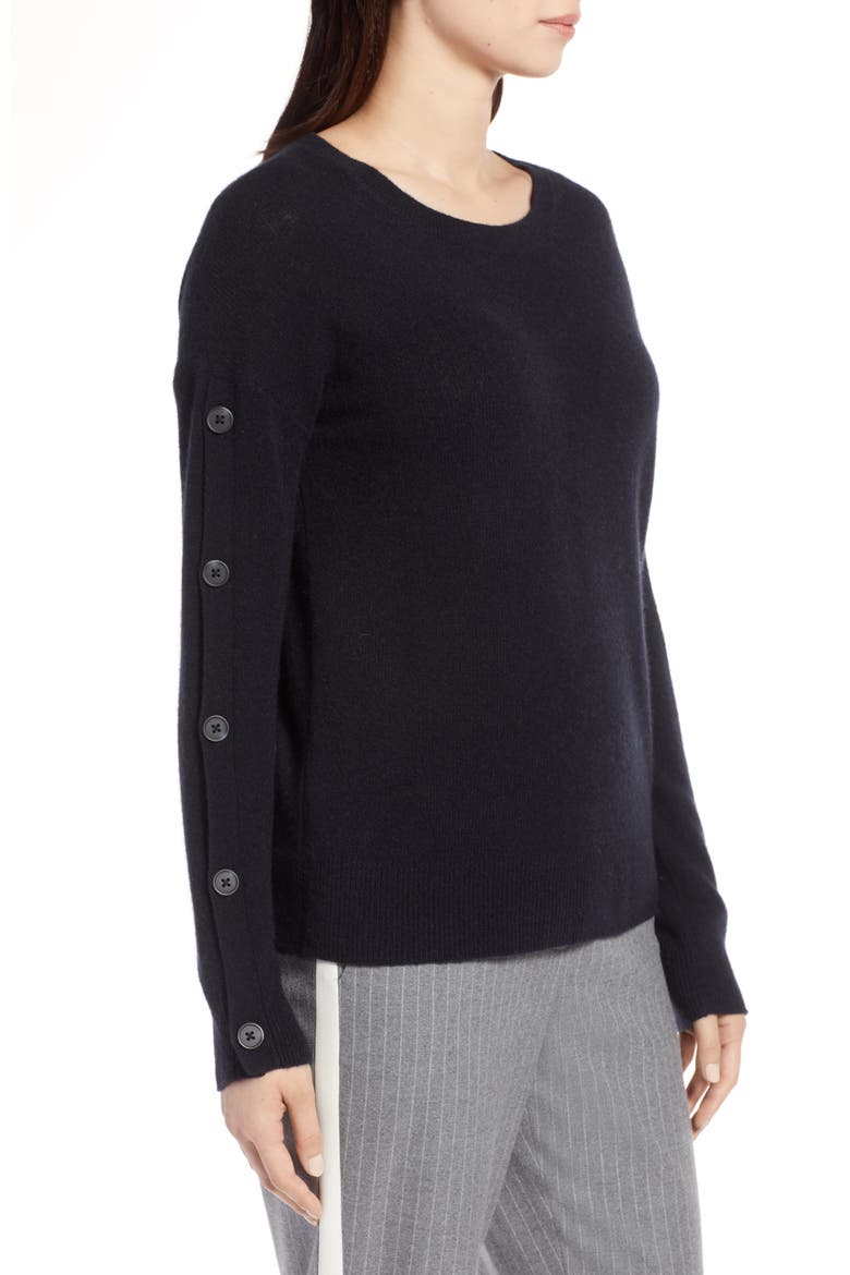 Cashmere Button Sleeve Sweater, Alternate, color, BLACK