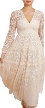 Needle & Thread Celestia Ribbon Long Sleeve V-Neck Gown