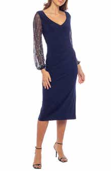 Marina Ity Ruched Long Sleeve Midi Cocktail Dress