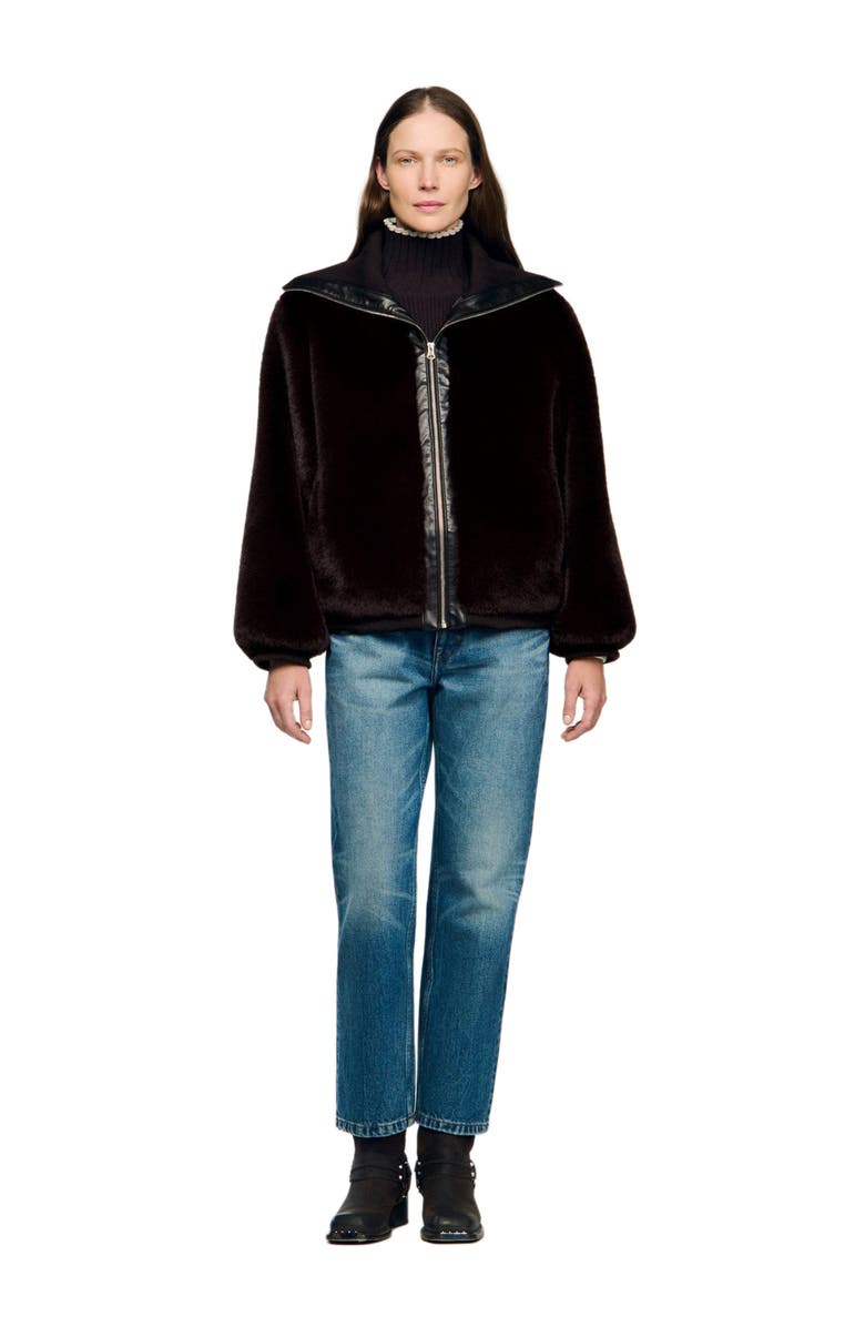 SANDRO Short faux fur coat, Alternate, color, Brown