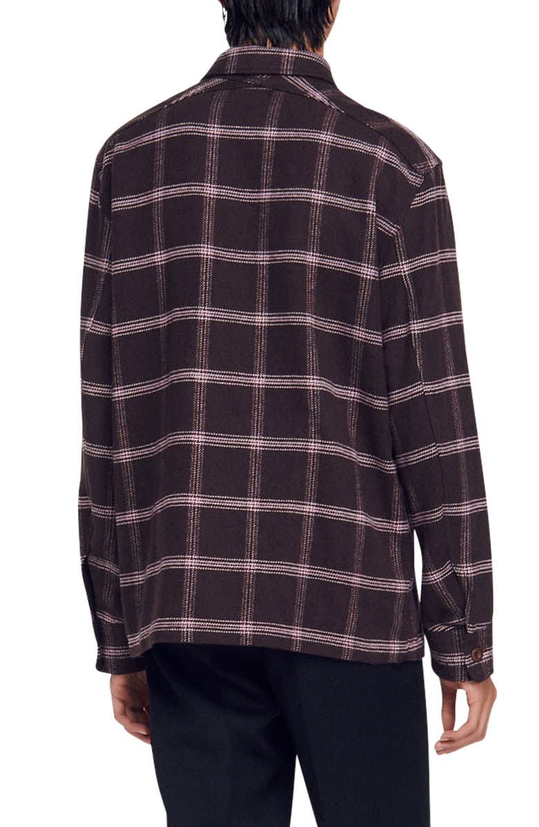SANDRO Plaid Cotton & Wool Flannel Button-Up Overshirt, Alternate, color, Marron