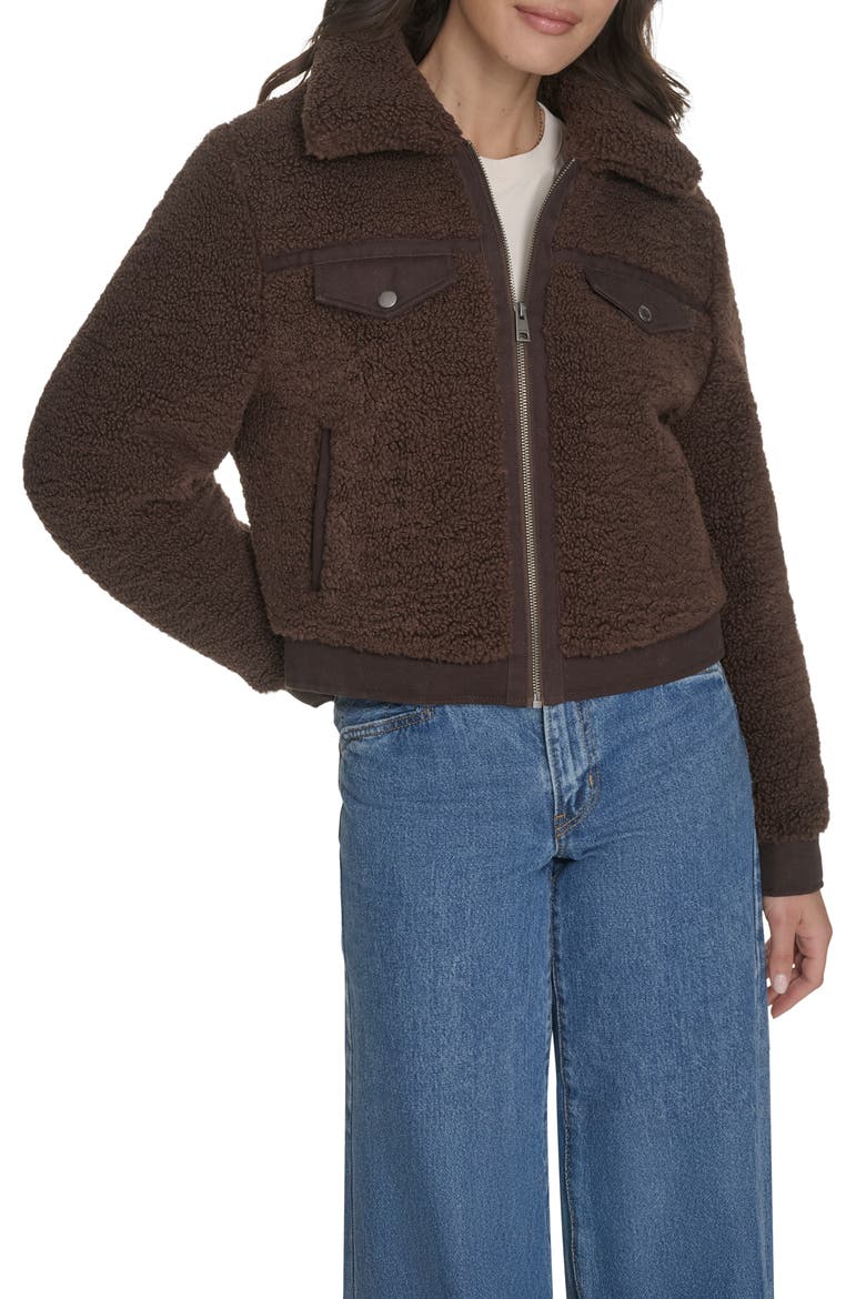 Fleece & Denim Bomber Jacket, Main, color, CHOCOL BRO