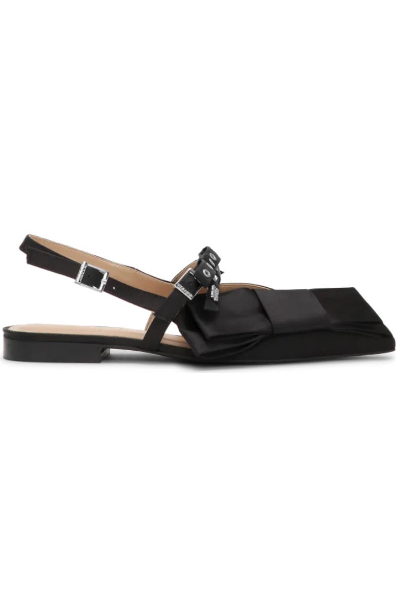 Ganni Big Bow Pointed Toe Slingback Flat, Alternate, color, Black