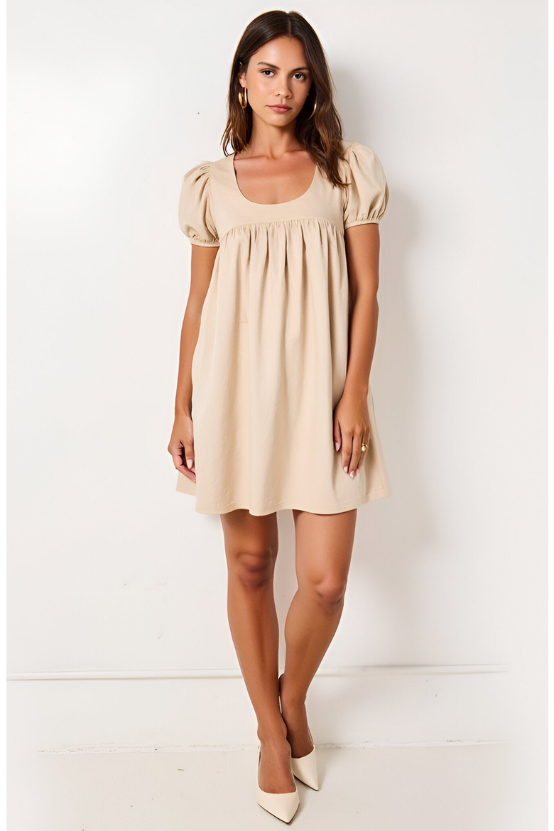 Puff Sleeve Mini Dress with Bow Detail, Alternate, color, Beige