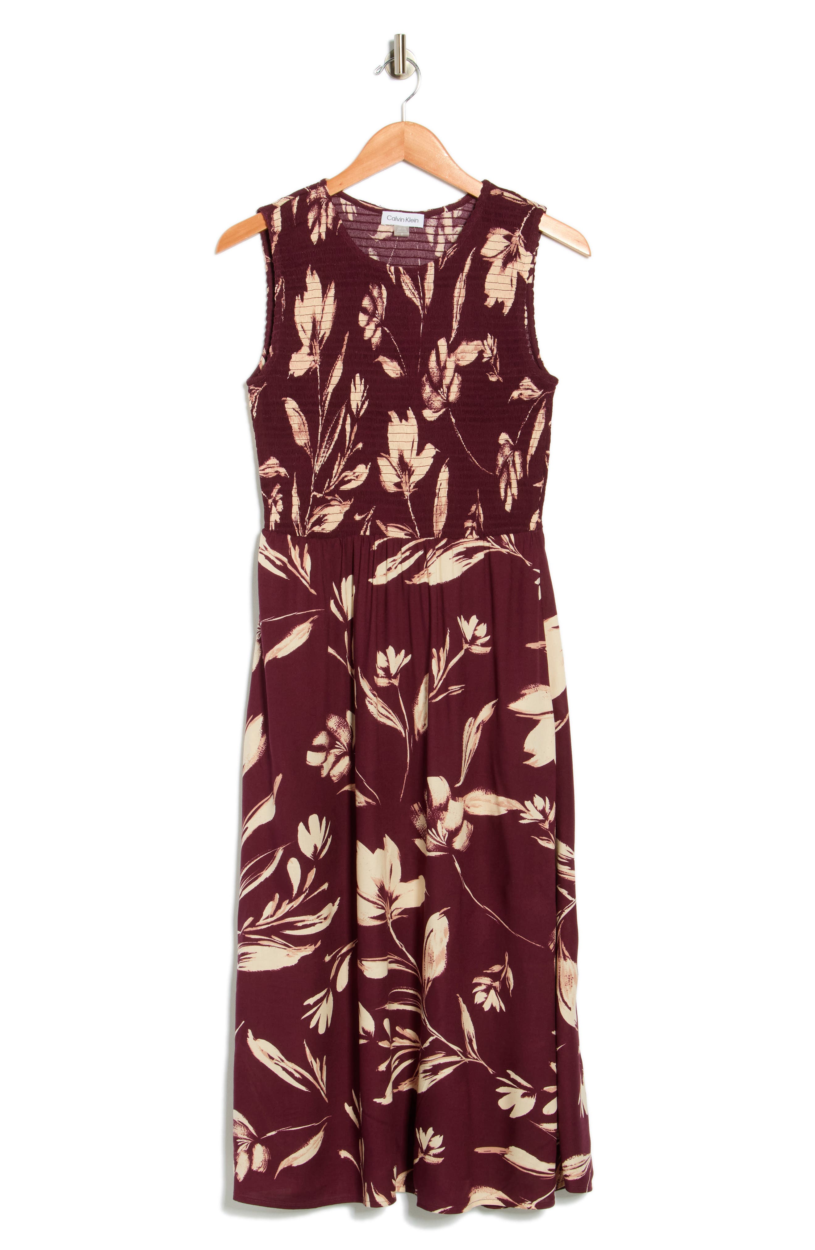 Calvin Klein Smocked Sleeveless Fit & Flare Midi Dress