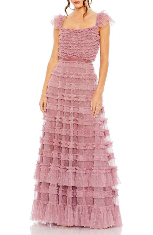 Mac Duggal Velvet Waist Ruffled Mesh Gown In Pink