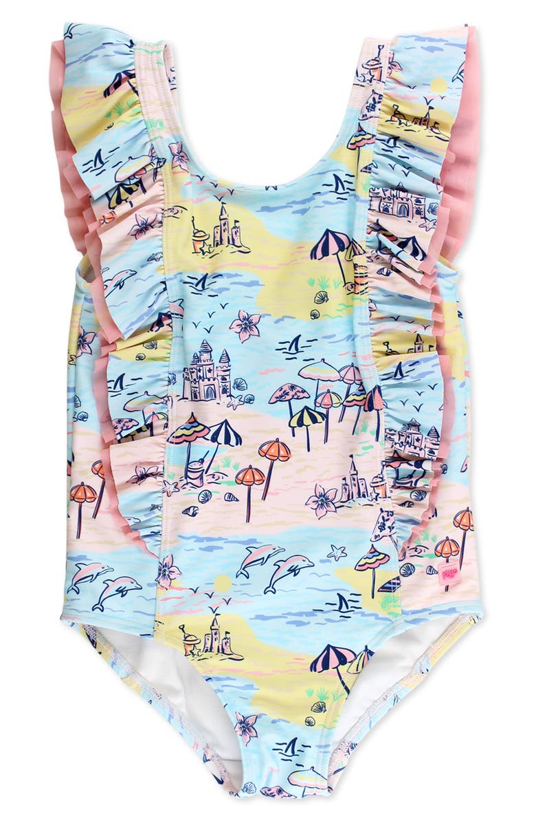 RuffleButts Kids' Beach Day Waterfall One-Piece Swimsuit, Main, color, Multi-Color