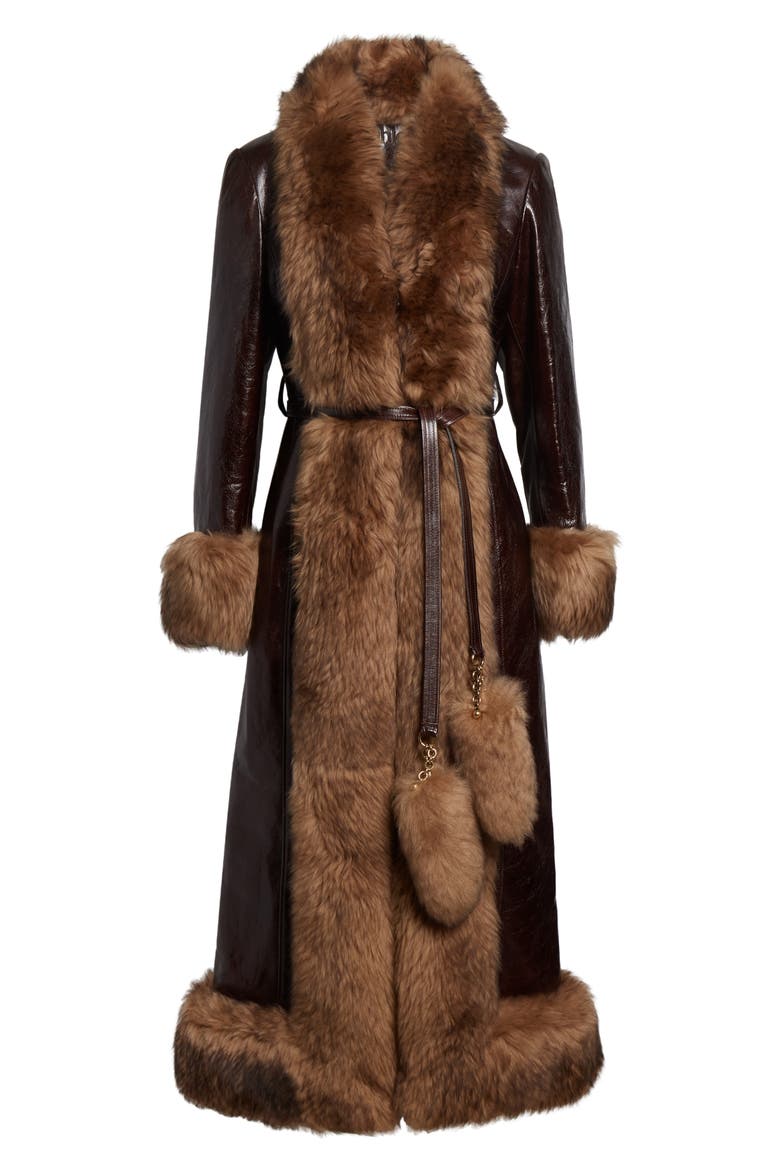Leather & Genuine Shearling Long Column Coat, Alternate, color, ABYSSAL BROWN