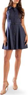 FREEMARKET Solid Sleeveless Cotton Fit & Flare Shirtdress