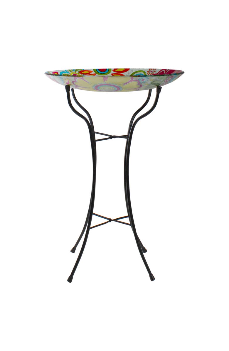 Northlight 18" Pastel Pink and Blue Flowers Hand Painted Glass Outdoor Patio Bird Bath, Alternate, color, Blue