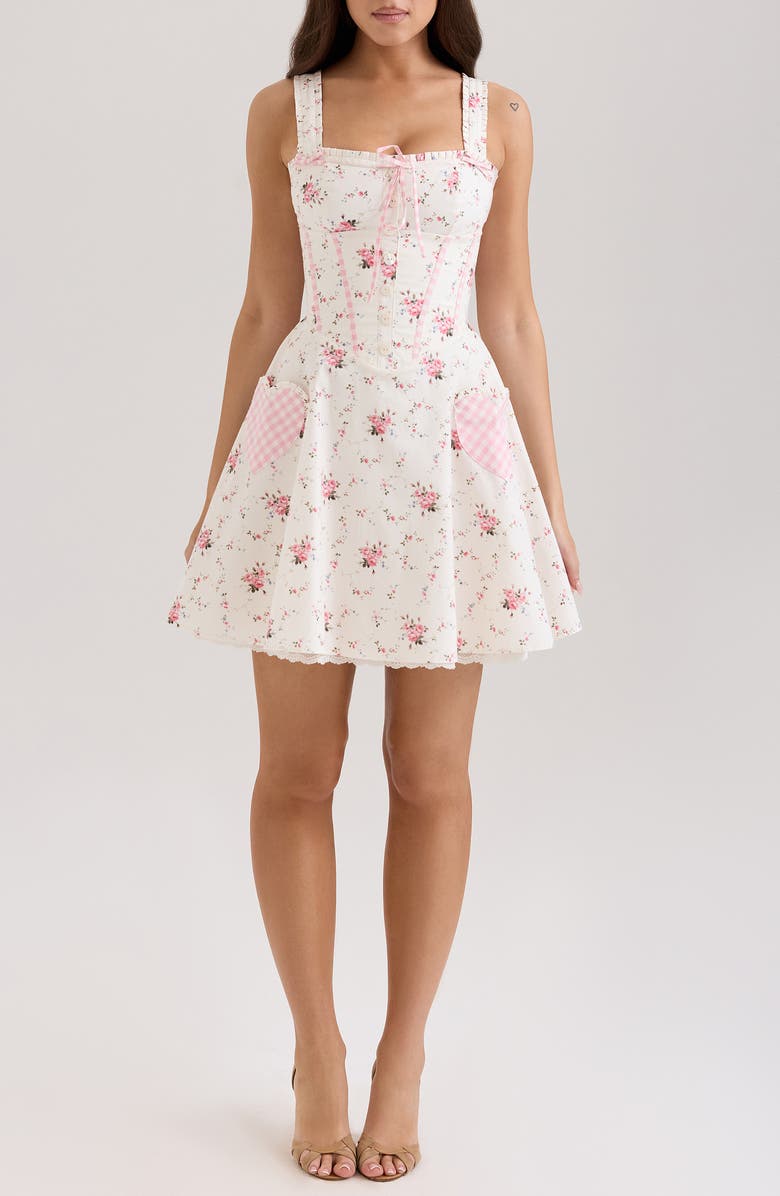 HOUSE OF CB Marianella Floral Fit & Flare Cocktail Minidress, Main, color, Rose Cream