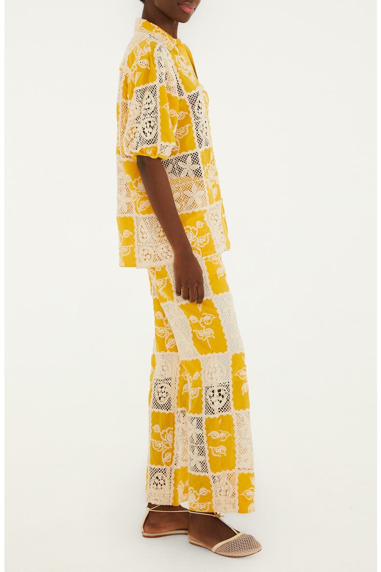 Lace Patchwork Cotton Button-Up Shirt, Alternate, color, OFF-WHITE/ YELLOW