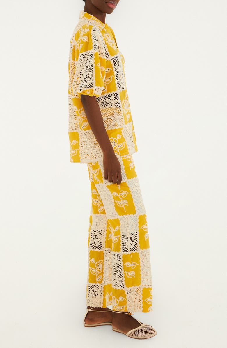 FARM Rio Lace Patchwork Cotton Button-Up Shirt, Alternate, color, Off-White/ Yellow