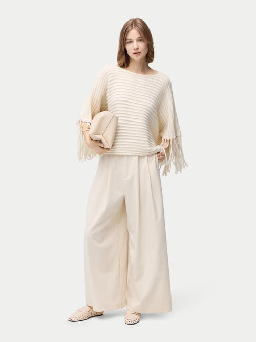Gobi Mongolian Cashmere Fringed Sleeve Cashmere Poncho In White