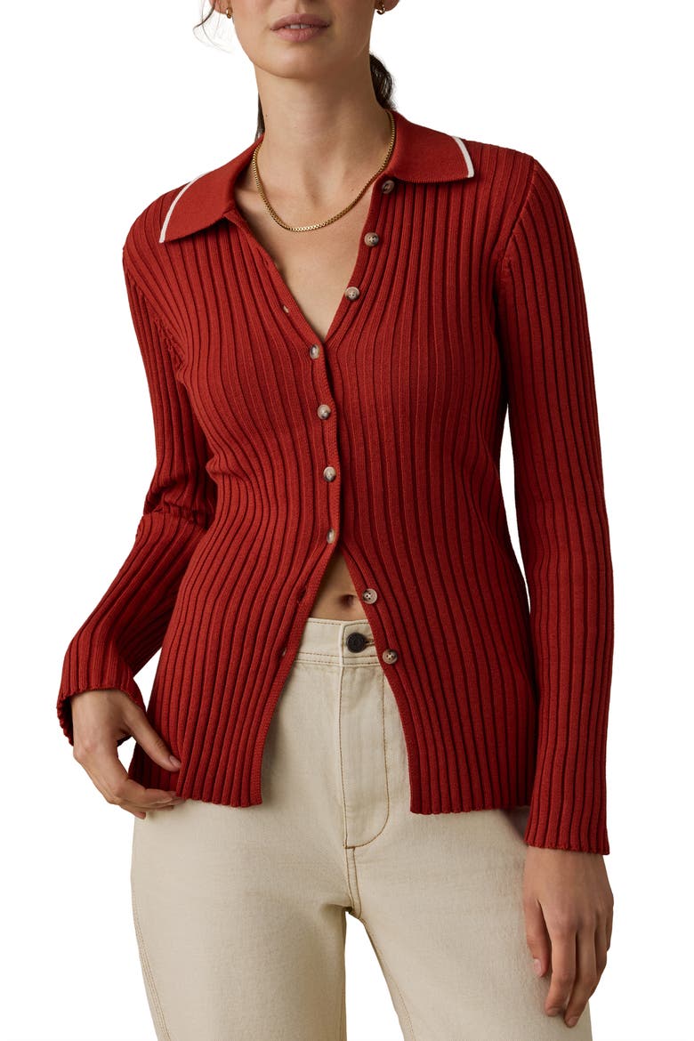 Sunwashed Organic Cotton Ribbed Cardigan, Main, color, RED OCHRE