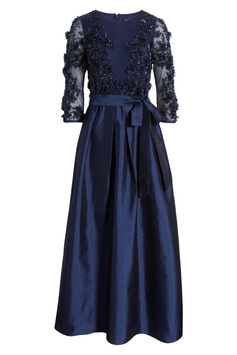 3D Floral Beaded Taffeta Dress, Alternate, color, NAVY