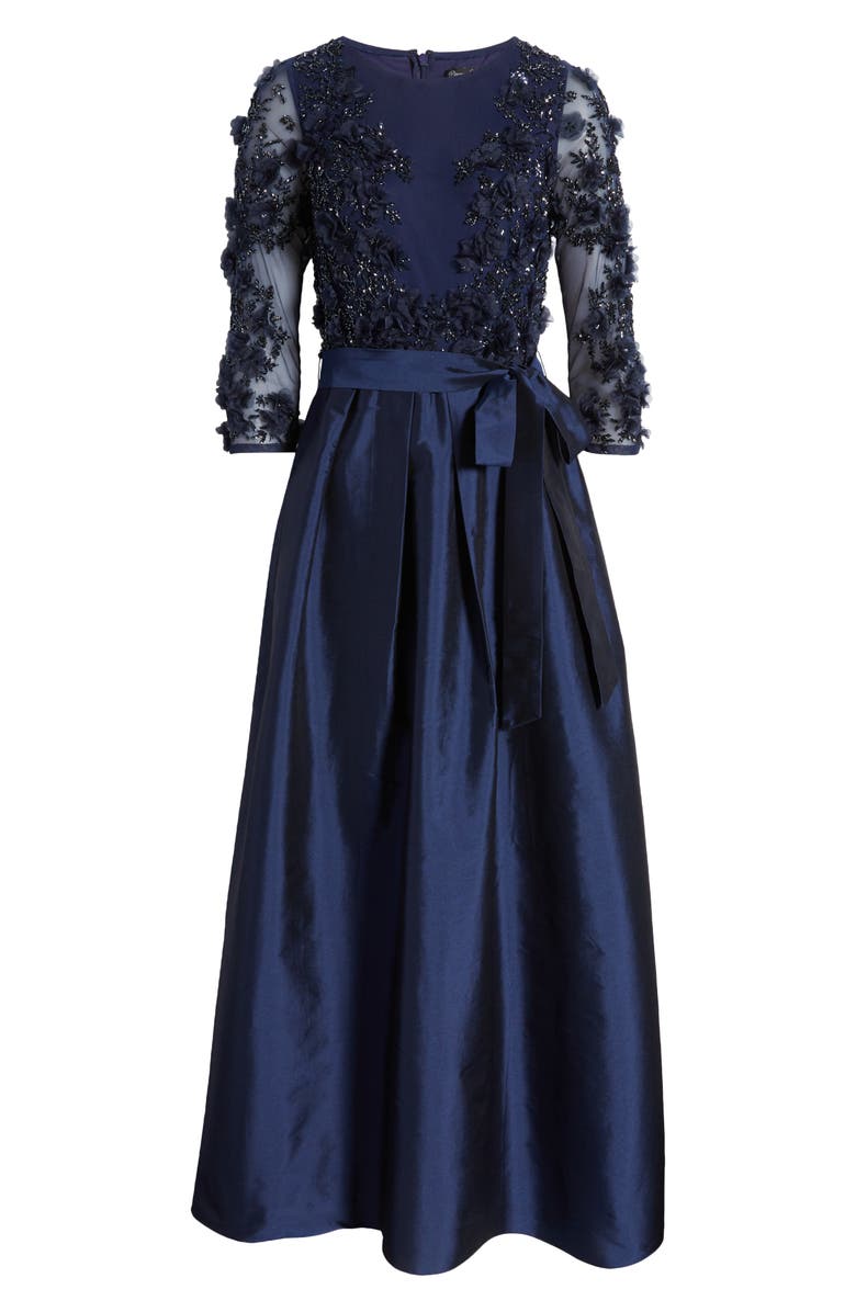 Pisarro Nights 3D Floral Beaded Taffeta Dress, Alternate, color, Navy