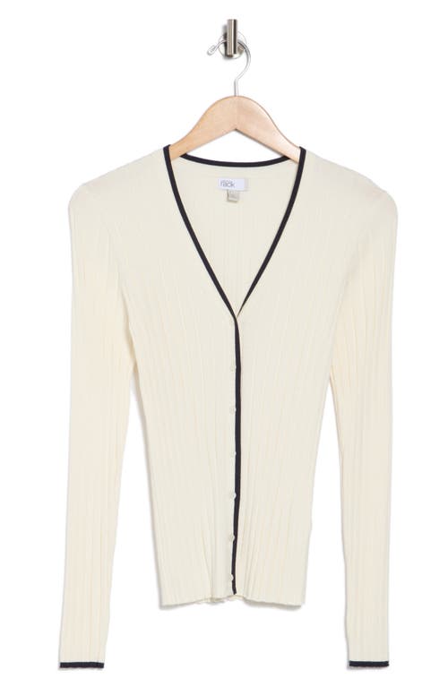 Nordstrom Rack Tipped V-neck Ribbed Cardigan In Ivory Tofu- Navy Night Tipping