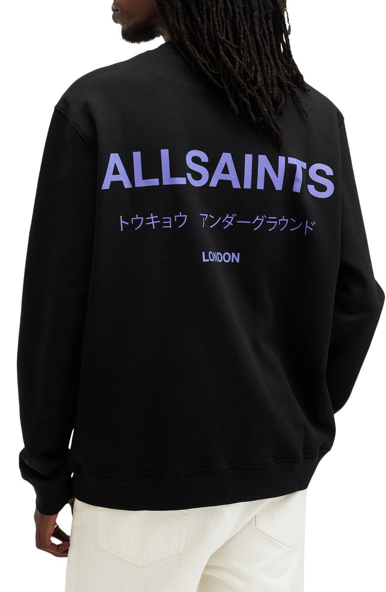 AllSaints Underground Logo Organic Cotton Graphic Sweatshirt, Main, color, Jet Black/ Purple