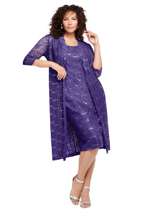 Plus Size 3/4 Sleeve Formal Duster Sequin Embellished Lace Dress Set (Plus)
