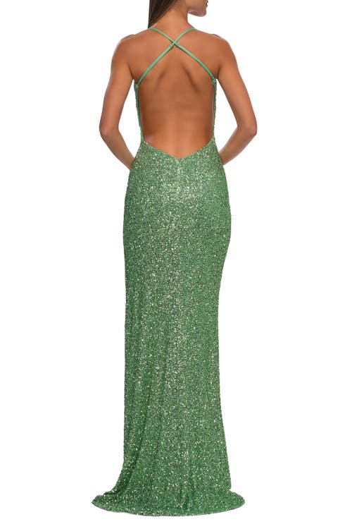 La Femme Stretch Sequin Dress With Open Back In Sage