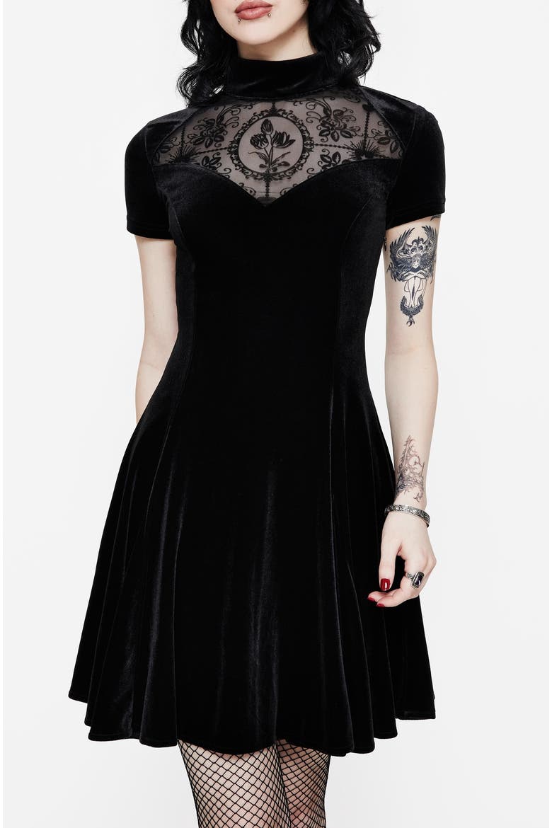 Cameo High Neck Flocked Mini Dress, Alternate, color, Black