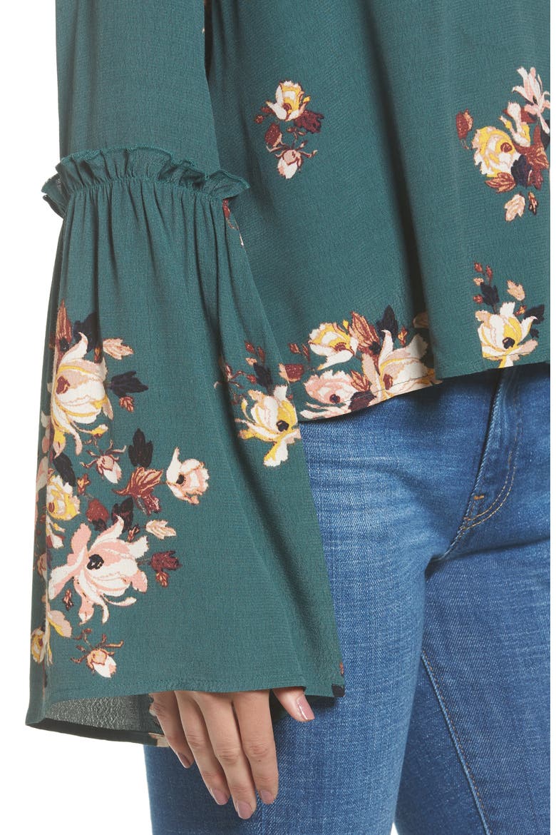 Bell Sleeve Blouse, Alternate, color, GREEN JUNGLE FLORAL BOUQUET