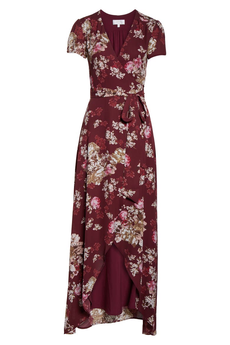The Zoey Floral Print Short Sleeve Wrap Gown, Alternate, color, CABERNET FLORAL