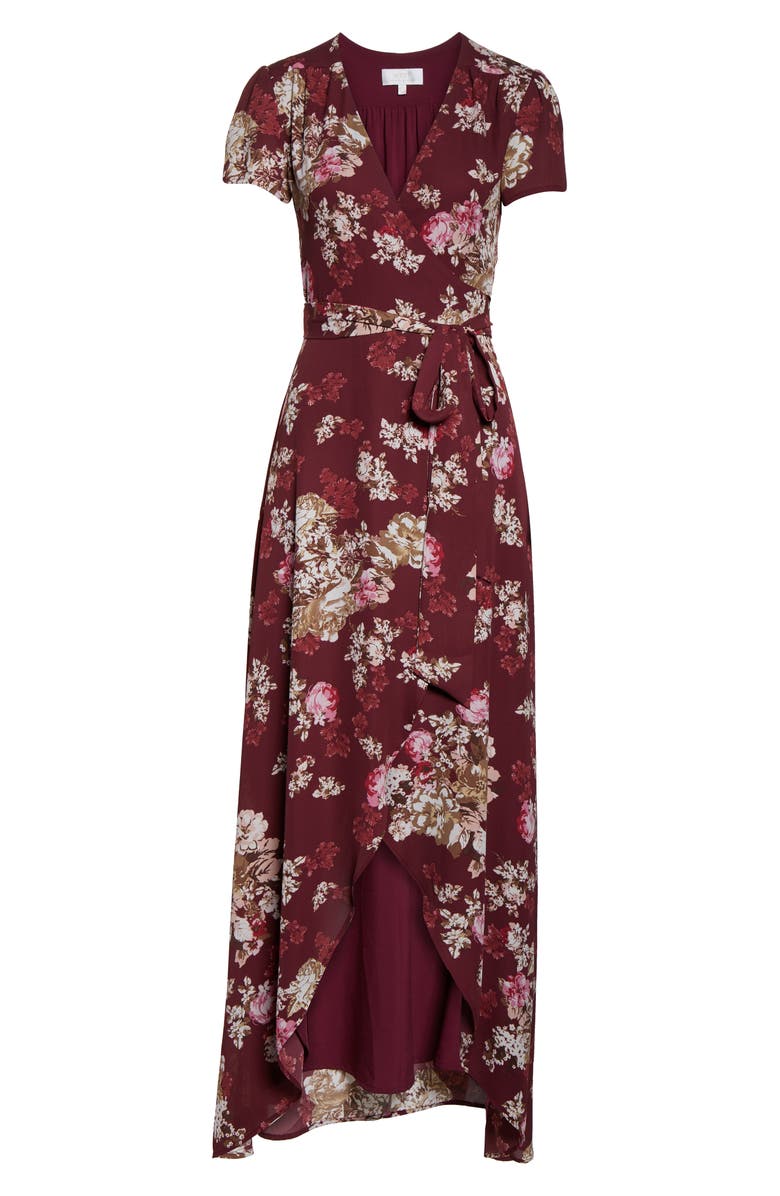 WAYF The Zoey Floral Print Short Sleeve Wrap Gown, Alternate, color,