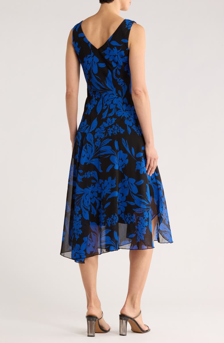 Connected Apparel Floral Asymmetric Hem Midi Dress, Alternate, color, Saphire