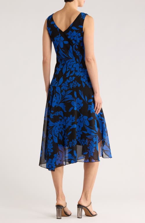 Connected Apparel Floral Asymmetric Hem Midi Dress In Blue