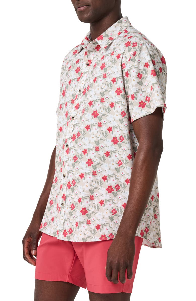 TravisMathew Techwoven Fairway Floral Short Sleeve Performance Button-Up Shirt, Alternate, color, Italian Sand