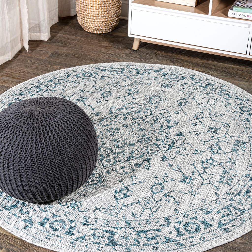 Jonathan Y Rozetta Boho Medallion Textured Weave Indoor/outdoor Round Area Rug In Gray/teal