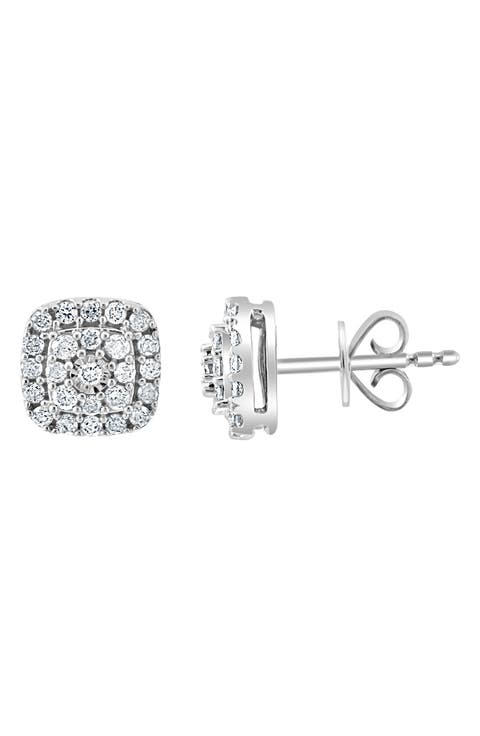 Sterling Silver Pavé Diamond Cushion Stud Earrings