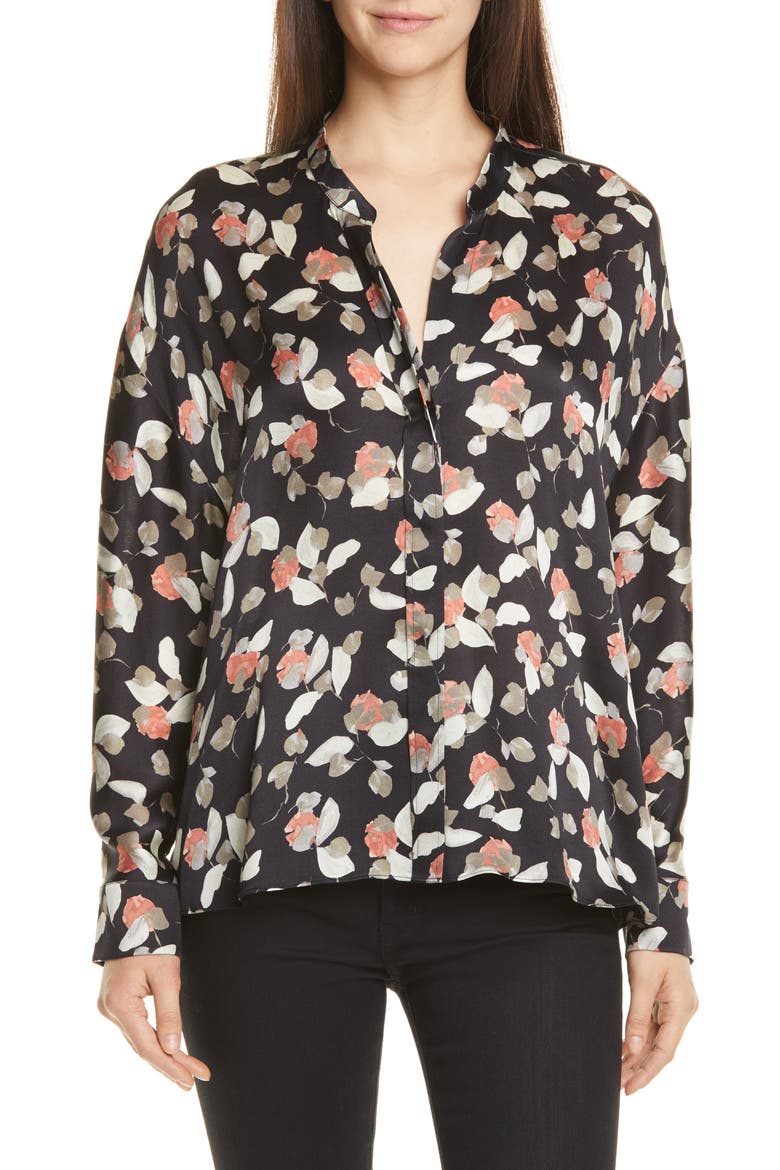 Watercolor Petal Silk Blouse, Main, color, BLACK
