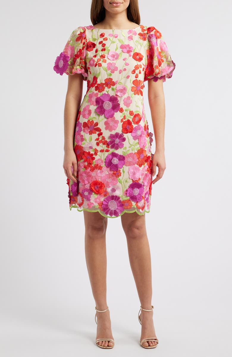 Eliza J Floral Embroidered Puff Sleeve Cocktail Dress, Main, color, Pink